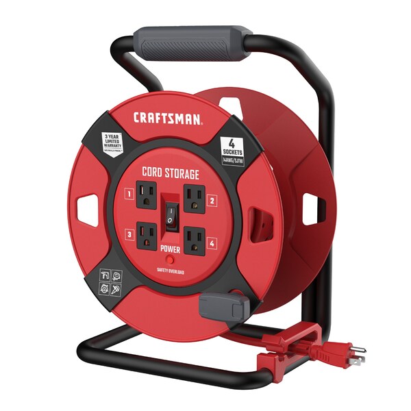 Craftsman Cord Reel With Hand Lamp, Hand Operated, 14 AWG, Red Reel Color, 1 ft Length, 4 Outlets CMXCRPA1401 - main